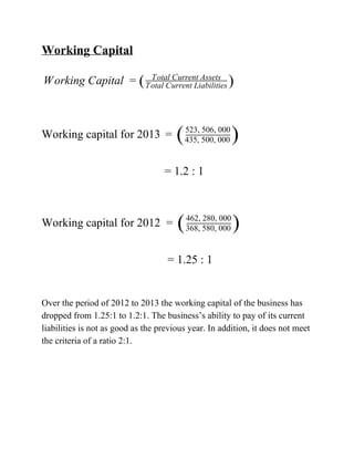 WorkingCapital

orkingCapital W = ( TotalCurrentAssets
TotalCurrentLiabilities )


Workingcapitalfor2013​​= (435,500,000
523,506,000
)
 
=1.2:1


Workingcapitalfor2012= (368,580,000
462,280,000
)

=1.25:1


Overtheperiodof2012to2013theworkingcapitalofthebusinesshas
droppedfrom1.25:1to1.2:1.Thebusiness’sabilitytopayofitscurrent
liabilitiesisnotasgoodasthepreviousyear.Inaddition,itdoesnotmeet
thecriteriaofaratio2:1.




 