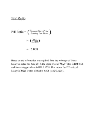 
P/ERatio


P/ERatio= ( EarningPerShare
CurrentSharePrice
)

= ( 0.62
0.1238 )

=5.008


BasedontheinformationweacquiredfromthewebpageofBursa
Malaysiadated3rdJune2015,thesharepriceofMASTEELisRM0.62
anditsearningpershareisRM0.1238.ThismeanstheP/Eratioof
MalaysiaSteelWorksBerhadis5.008(0.62/0.1238).









 