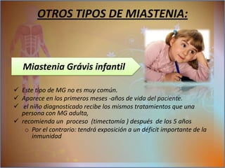 Diagnosticootra prueba: (edrofonio). Esta requiere la administración intravenosa de cloruro de edrofonio o tensilon (un medicamento que bloquea la degradaicon como interrupción de la acetilcolinaaumentando temporalmente los niveles de aceticolina en las uniones neuromusculares)-