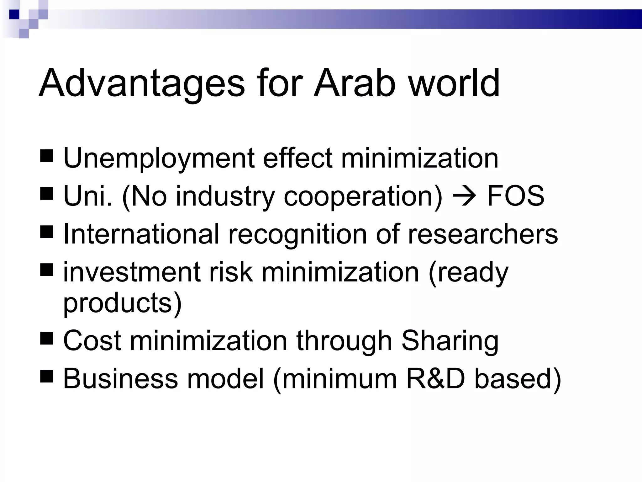 Advantages for Arab world Unemployment effect minimization Uni. (No industry cooperation)    FOS International recognition of researchers investment risk minimization (ready products) Cost minimization through Sharing Business model (minimum R&D based) 