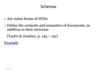 10/15/11EAD (Encoded Archival Description)EAD is used for encoding finding aids so that they may be displayed on the Web. (Taylor & Joudrey, p. 11-13)