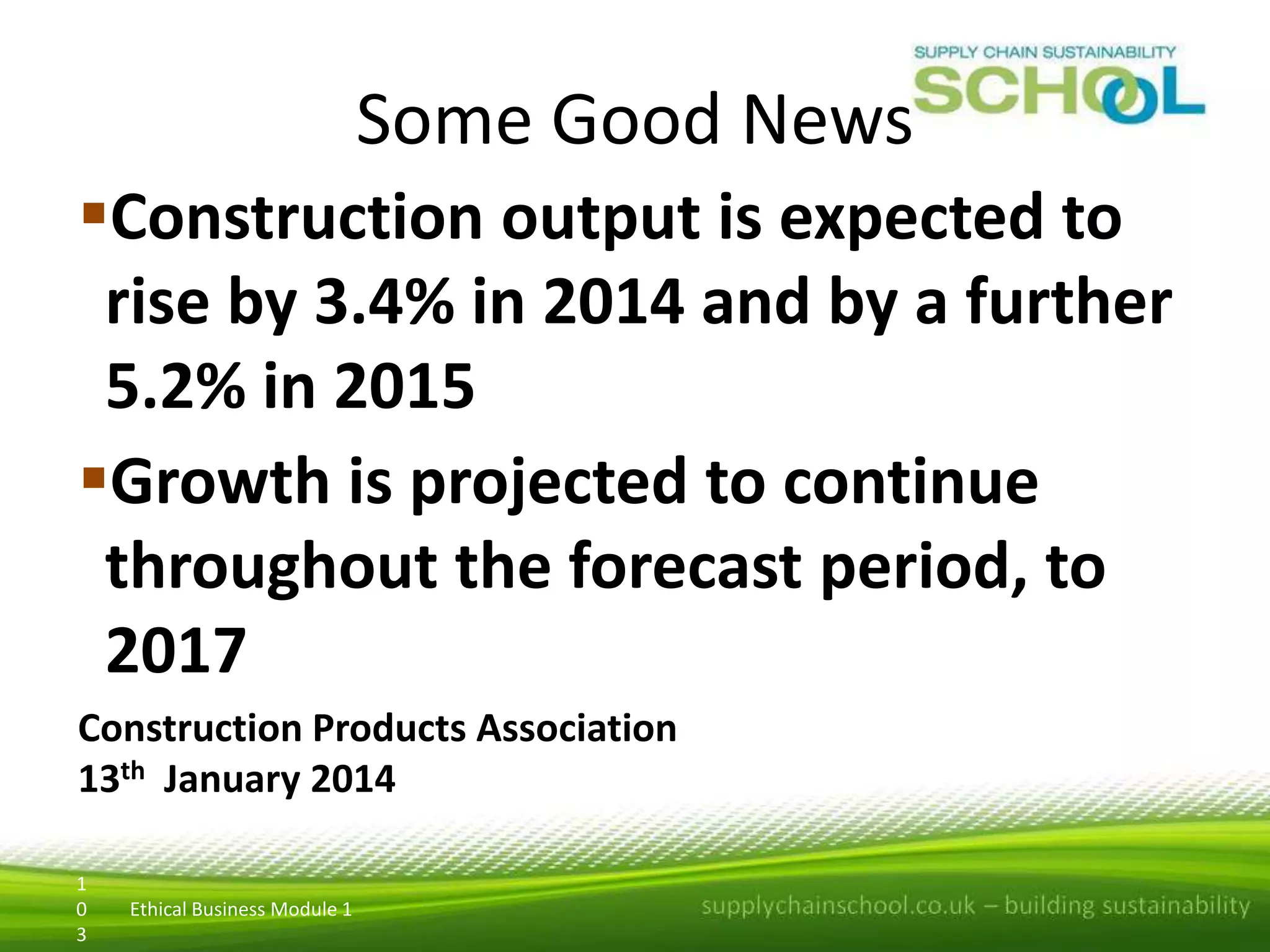Some Good News
Construction output is expected to
rise by 3.4% in 2014 and by a further
5.2% in 2015
Growth is projected to continue
throughout the forecast period, to
2017
Construction Products Association
13th January 2014
1
0
3

Ethical Business Module 1

 