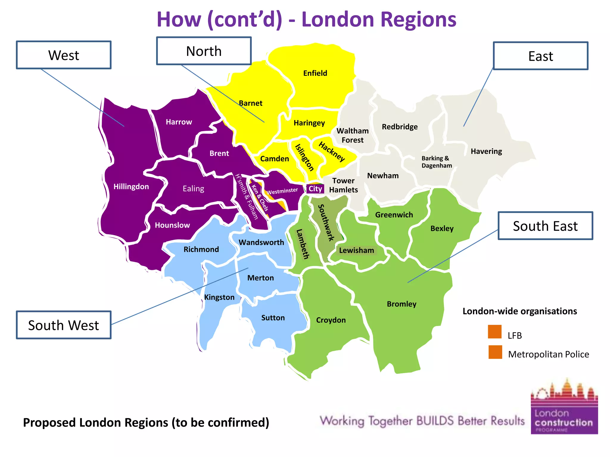 How (cont’d) - London Regions
North

West

East
Enfield

Barnet
Harrow

Haringey

Brent

Hillingdon

Waltham
Forest

Redbridge

Camden

Barking &
Dagenham

Tower
City Hamlets

Ealing

Newham

Greenwich
Hounslow

Bexley

Richmond

Wandsworth

Havering

South East

Lewisham

Merton
Kingston

South West

Bromley
Sutton

Croydon

London-wide organisations
LFB
Metropolitan Police

Proposed London Regions (to be confirmed)

 