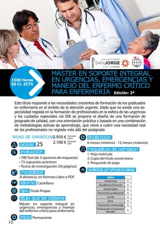 12
tasas de matrÌcula
• 700 Test (de 3 opciones de respuesta)
• 73 supuestos prácticos
• Tesina de investigación (50 páginas)
A distancia: en formato Libro o PDF
Castellano
Título Propio
Máster en soporte integral en
urgencias, emergencias y manejo
del enfermo crítico para enfermería
Permanente
6 meses (mínimo) - 12 meses (máximo)
1. Hoja matrícula
2. Copia del título universitario
3. Resguardo de pago
25
Formato
Libro
Formato
PDF
2.950 €
2.100 €
ÁREA
Asistencial X
Académica-Docente X
Autoempleo X
Promoción profesional X
Social X
Ética X
Formación continuada X
Puntuación en baremos
oficiales
X
Este título responde a las necesidades crecientes de formación de los graduados
en enfermería en el ámbito de la atención urgente. Dado que no existe una es-
pecialidad reglada en la formación de profesionales en la esfera de las urgencias
y los cuidados especiales vía EIR se propone el diseño de una formación de
posgrado de calidad, con una orientación práctica y basada en una combinación
de metodologías activas de aprendizaje, que viene a cubrir una necesidad real
de los profesionales no reglada más allá del postgrado
Máster en Soporte Integral
en Urgencias, Emergencias y
Manejo del Enfermo Crítico
para Enfermería
1500 Horas
60 Cr. ECTS
Edición: 2ª
 