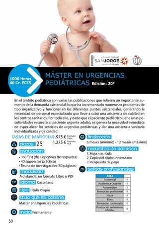 50
tasas de matrÌcula
• 360 Test (de 3 opciones de respuesta)
• 40 supuestos prácticos
• Tesina de investigación (50 páginas)
A distancia: en formato Libro o PDF
Castellano
Título Propio
Máster en Urgencias Pediátricas
Permanente
6 meses (mínimo) - 12 meses (máximo)
1. Hoja matrícula
2. Copia del título universitario
3. Resguardo de pago
25
En el ámbito pediátrico son varias las publicaciones que refieren un importante au-
mento de la demanda asistencial lo que ha incrementado numerosos problemas de
tipo organizativo y funcional en los diferentes puntos asistenciales, generando la
necesidad de personal especializado que lleve a cabo una asistencia de calidad en
los centros sanitarios. Por todo ello, y dado que el paciente pediátrico tiene unas pe-
culiaridades respecto al paciente urgente adulto, se genera la necesidad inmediata
de especializar los servicios de urgencias pediátricas y dar una asistencia sanitaria
individualizada y de calidad.
Máster en Urgencias
Pediátricas
1000 Horas
40 Cr. ECTS
Formato
Libro
Formato
PDF
1.975 €
1.275 €
ÁREA
Asistencial X
Académica-Docente X
Autoempleo X
Promoción profesional X
Social X
Ética X
Formación continuada X
Puntuación en baremos
oficiales
X
Edición: 20ª
 
