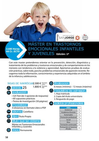 58
tasas de matrÌcula
• 525 Test (de 3 opciones de respuesta)
• 60 supuestos prácticos
• Tesina de investigación (50 páginas)
A distancia: en formato Libro o PDF
Castellano
Título Propio
Máster en Trastornos Emocionales
Infantiles y Juveniles
Permanente
6 meses (mínimo) - 12 meses (máximo)
1. Hoja matrícula
2. Copia del título universitario
3. Resguardo de pago
25
Con este master pretendemos orientar en la prevención, detección, diagnóstico y
tratamiento de los problemas y trastornos emocionales y de comportamiento en los
menores con tendencia a la violencia y agresividad. Aportamos pruebas de evalua-
ción prácticas, sobre todo, para los problemas emocionales de aparición reciente. Re-
cogemos toda la información, conocimientos y experiencias adquiridas en el ámbito
de la infancia y adolescencia.
Máster en Trastornos
Emocionales Infantiles
y Juveniles
1100 Horas
44 Cr. ECTS
Formato
Libro
Formato
PDF
2.500 €
1.800 €
ÁREA
Asistencial X
Académica-Docente X
Autoempleo X
Promoción profesional X
Social X
Ética X
Formación continuada X
Puntuación en baremos
oficiales
X
Edición: 1ª
 