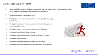 1
5GDPR - Data Subjects Rights
Data Subjects have the following rights:
Whilst the GDPR builds on the Data Protection Act which all entities within the UK need to adhere
to, the following represent the key changes for organisations.
1. The Right to be informed – How data will be used through a Fair Processing
Notice/Policies.
2. The Right to Rectification – To correct personal information If we possess
inaccurate/outdated data.
3. The Right to Erasure – To remove yourselves from our databases.
4. The Right to Object/Restrict Data Processing.
5. The Right to Object/Restrict Data Processing for Marketing Purposes.
6. The Right to Data Portability
7. The Right to Refuse Automated Profiling and Decision Making
8. The Right to Access your Information – (Formally Subject Access Request)
#Lightful #GDPR
 