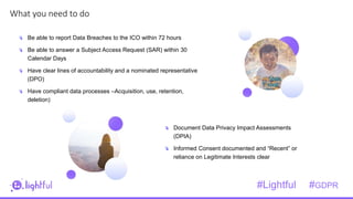 1
8What you need to do
Be able to report Data Breaches to the ICO within 72 hours
Be able to answer a Subject Access Request (SAR) within 30
Calendar Days
Have clear lines of accountability and a nominated representative
(DPO)
Have compliant data processes –Acquisition, use, retention,
deletion)
Document Data Privacy Impact Assessments
(DPIA)
Informed Consent documented and “Recent” or
reliance on Legitimate Interests clear
#Lightful #GDPR
 