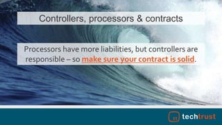 Controllers, processors & contracts
Processors have more liabilities, but controllers are
responsible – so make sure your contract is solid.
 