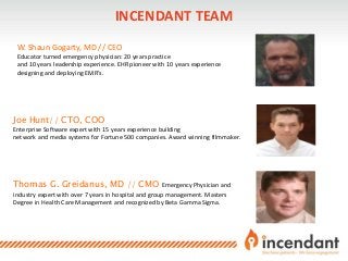 INCENDANT TEAM
Joe Hunt// CTO, COO
Enterprise Software expert with 15 years experience building
network and media systems for Fortune 500 companies. Award winning filmmaker.
Thomas G. Greidanus, MD // CMO Emergency Physician and
industry expert with over 7 years in hospital and group management. Masters
Degree in Health Care Management and recognized by Beta Gamma Sigma.
W. Shaun Gogarty, MD // CEO
Educator turned emergency physician: 20 years practice
and 10 years leadership experience. EHR pioneer with 10 years experience
designing and deploying EMR’s.
 