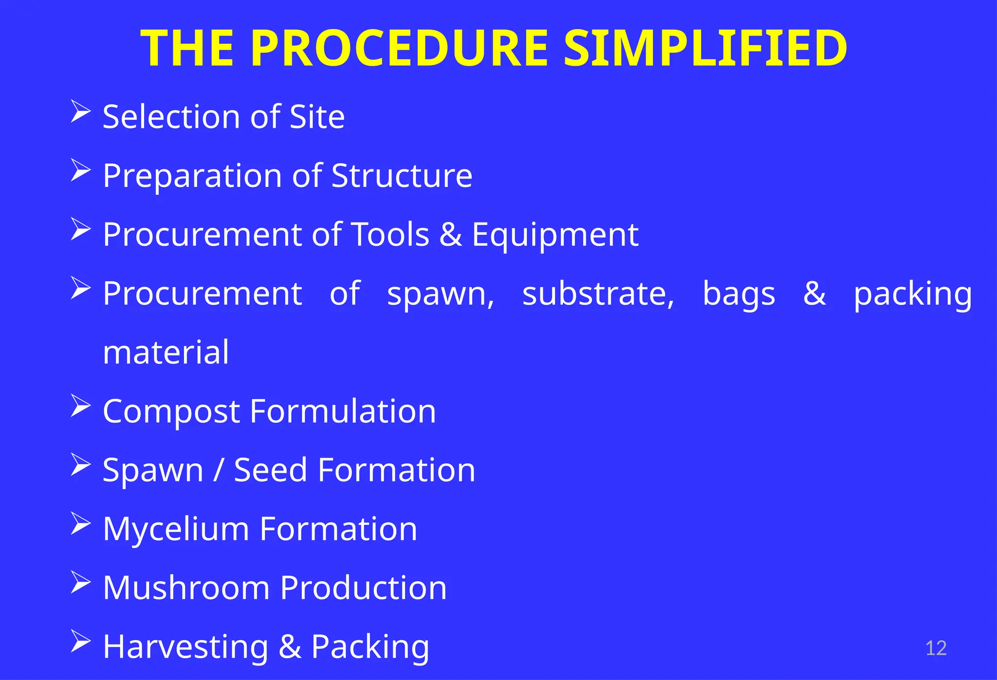12
THE PROCEDURE SIMPLIFIED
 Selection of Site
 Preparation of Structure
 Procurement of Tools & Equipment
 Procurement of spawn, substrate, bags & packing
material
 Compost Formulation
 Spawn / Seed Formation
 Mycelium Formation
 Mushroom Production
 Harvesting & Packing
 
