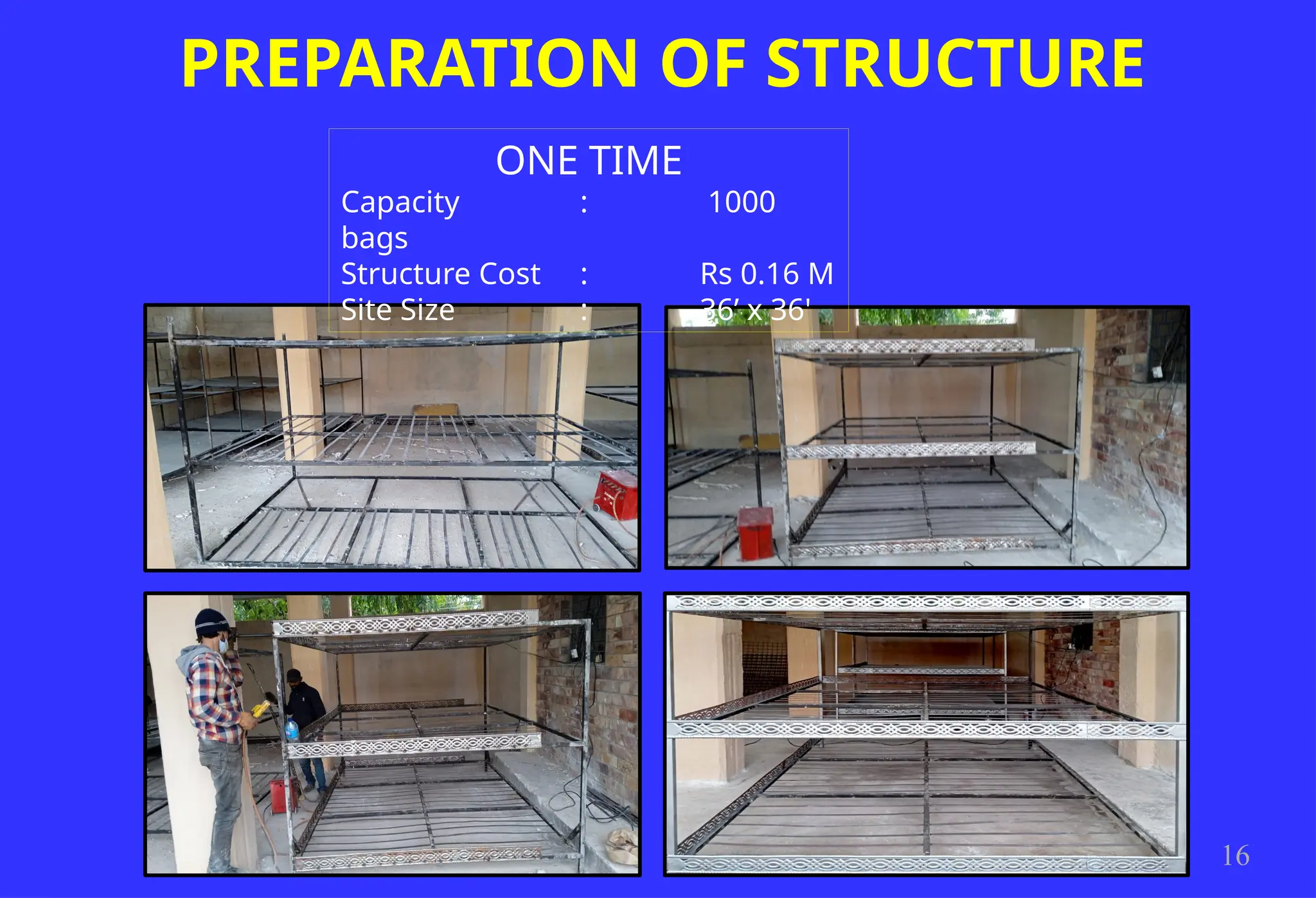 PREPARATION OF STRUCTURE
16
ONE TIME
Capacity : 1000
bags
Structure Cost : Rs 0.16 M
Site Size : 36’ x 36'
 