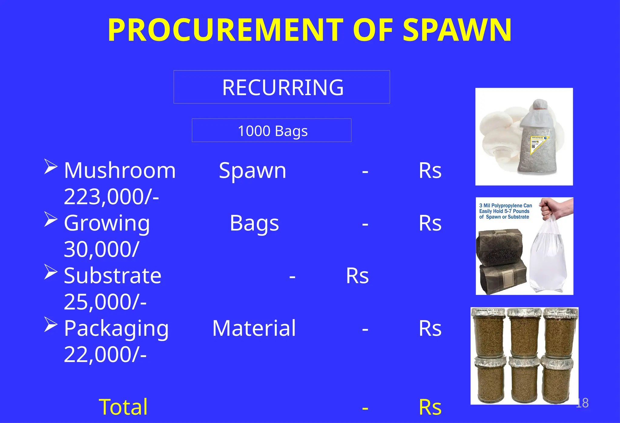 18
PROCUREMENT OF SPAWN
 Mushroom Spawn - Rs
223,000/-
 Growing Bags - Rs
30,000/
 Substrate - Rs
25,000/-
 Packaging Material - Rs
22,000/-
Total - Rs
RECURRING
1000 Bags
 