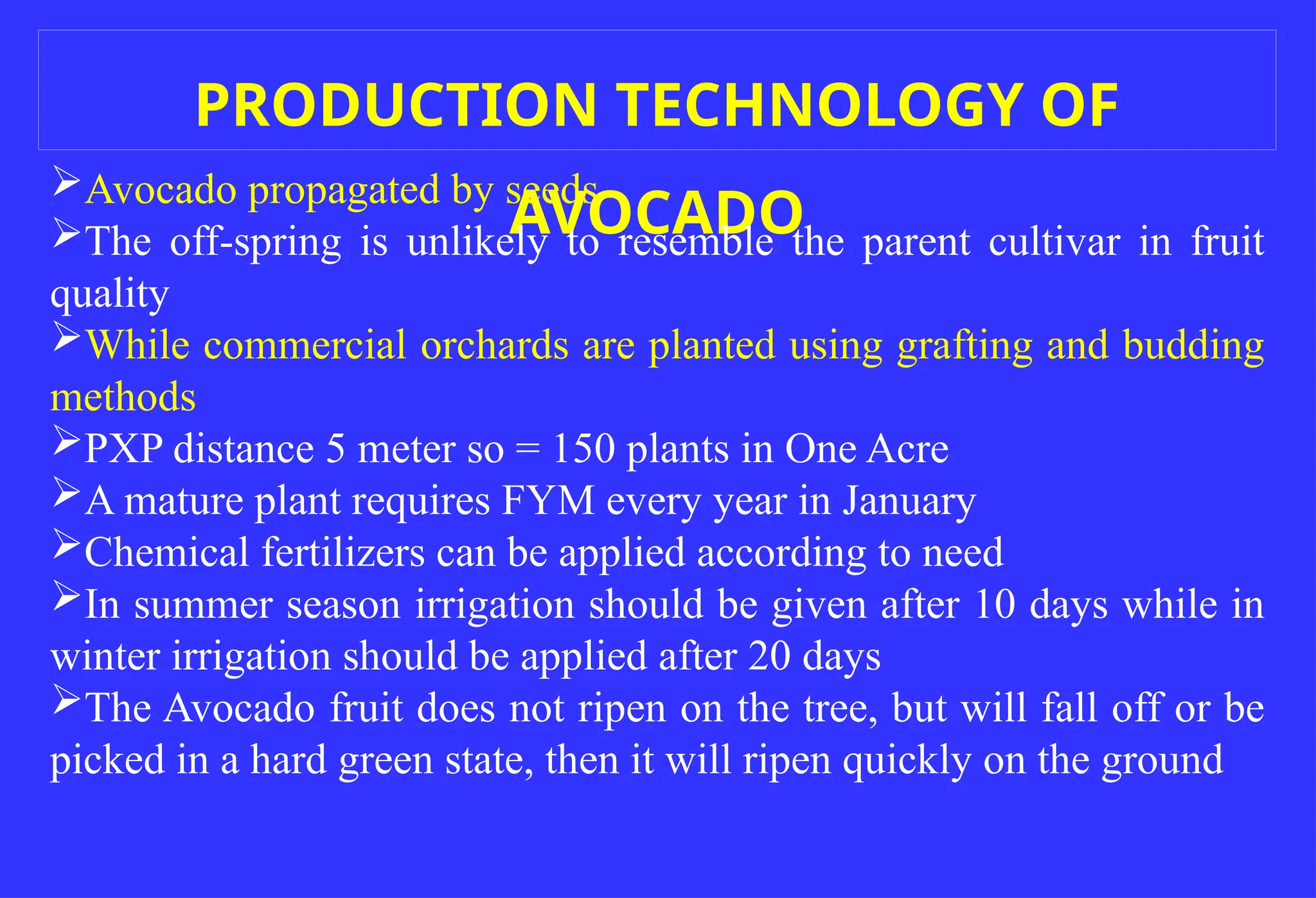 PRODUCTION TECHNOLOGY OF
AVOCADO
Avocado propagated by seeds
The off-spring is unlikely to resemble the parent cultivar in fruit
quality
While commercial orchards are planted using grafting and budding
methods
PXP distance 5 meter so = 150 plants in One Acre
A mature plant requires FYM every year in January
Chemical fertilizers can be applied according to need
In summer season irrigation should be given after 10 days while in
winter irrigation should be applied after 20 days
The Avocado fruit does not ripen on the tree, but will fall off or be
picked in a hard green state, then it will ripen quickly on the ground
 