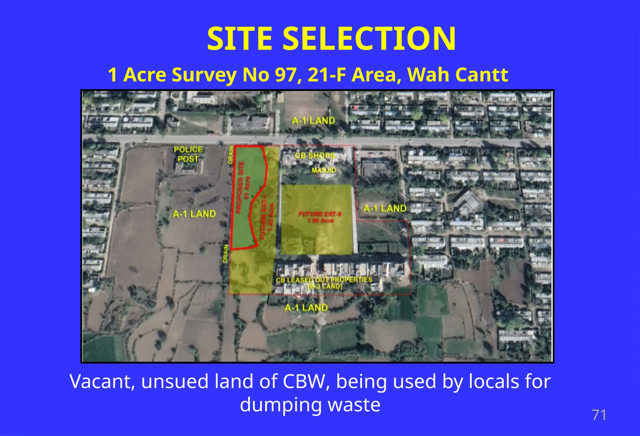 71
SITE SELECTION
1 Acre Survey No 97, 21-F Area, Wah Cantt
Vacant, unsued land of CBW, being used by locals for
dumping waste
 