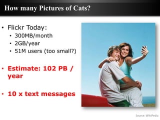 How many Pictures of Cats?

• Flickr Today:
  • 300MB/month
  • 2GB/year
  • 51M users (too small?)


• Estimate: 102 PB /
  year

• 10 x text messages


                             Source: WikiPedia
 