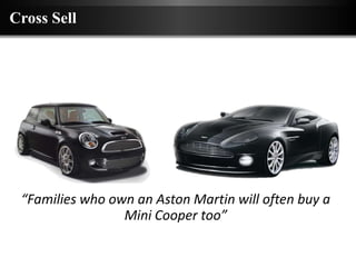 Cross Sell




 “Families who own an Aston Martin will often buy a
                 Mini Cooper too”
 
