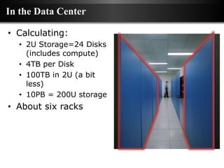 In the Data Center

• Calculating:
  • 2U Storage=24 Disks
    (includes compute)
  • 4TB per Disk
  • 100TB in 2U (a bit
    less)
  • 10PB = 200U storage
• About six racks
 