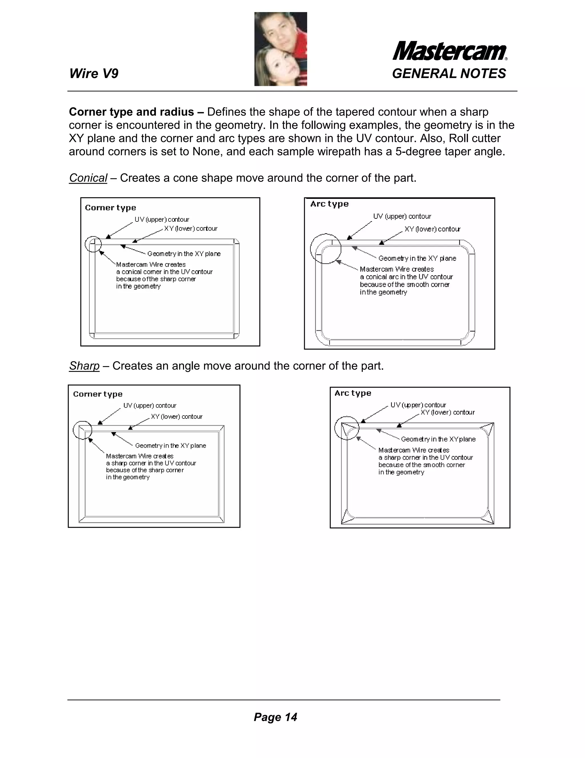 Wire V9                                                        GENERAL NOTES

Corner type and radius – Defines the shape of the tapered contour when a sharp
corner is encountered in the geometry. In the following examples, the geometry is in the
XY plane and the corner and arc types are shown in the UV contour. Also, Roll cutter
around corners is set to None, and each sample wirepath has a 5-degree taper angle.

Conical – Creates a cone shape move around the corner of the part.




Sharp – Creates an angle move around the corner of the part.




                                    Page 14
 