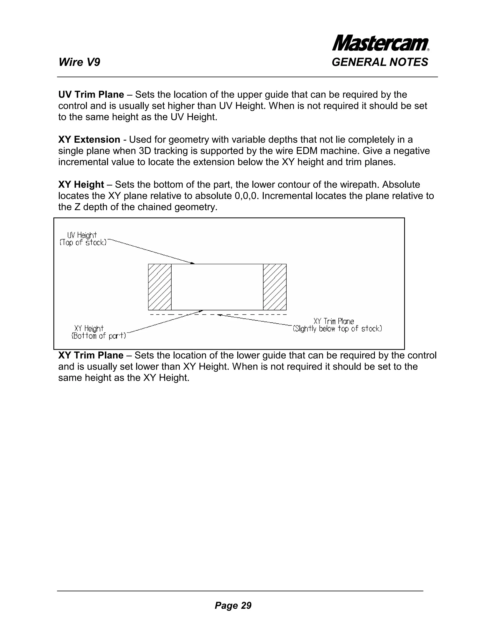 Wire V9                                                          GENERAL NOTES

UV Trim Plane – Sets the location of the upper guide that can be required by the
control and is usually set higher than UV Height. When is not required it should be set
to the same height as the UV Height.

XY Extension - Used for geometry with variable depths that not lie completely in a
single plane when 3D tracking is supported by the wire EDM machine. Give a negative
incremental value to locate the extension below the XY height and trim planes.

XY Height – Sets the bottom of the part, the lower contour of the wirepath. Absolute
locates the XY plane relative to absolute 0,0,0. Incremental locates the plane relative to
the Z depth of the chained geometry.




XY Trim Plane – Sets the location of the lower guide that can be required by the control
and is usually set lower than XY Height. When is not required it should be set to the
same height as the XY Height.




                                     Page 29
 