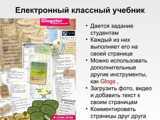 Електронный классный учебник Дается задание студентам Каждый из них выполняет его на своей странице Можно использовать дополнительные другие инструменты, как  Glogs  , Загрузить фото, видео и добавить текст к своим страницам Комментировать страницы друг друга 