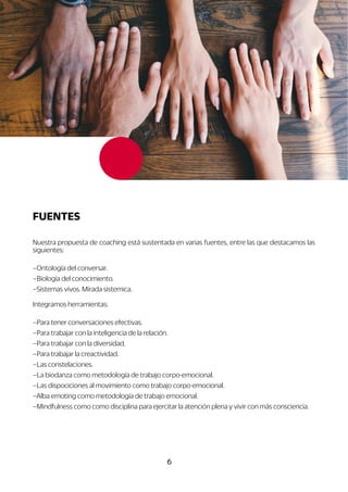 6
Nuestra propuesta de coaching está sustentada en varias fuentes, entre las que destacamos las
siguientes:
–Ontología del conversar.
–Biología del conocimiento.
–Sistemas vivos. Mirada sistemica.
Integramos herramientas:
–Para tener conversaciones efectivas.
–Para trabajar con la inteligencia de la relación.
–Para trabajar con la diversidad.
–Para trabajar la creactividad.
–Las constelaciones.
–La biodanza como metodología de trabajo corpo-emocional.
–Las dispociciones al movimiento como trabajo corpo-emocional.
–Alba emoting como metodología de trabajo emocional.
–Mindfulness como como disciplina para ejercitar la atención plena y vivir con más consciencia.
FUENTES
 