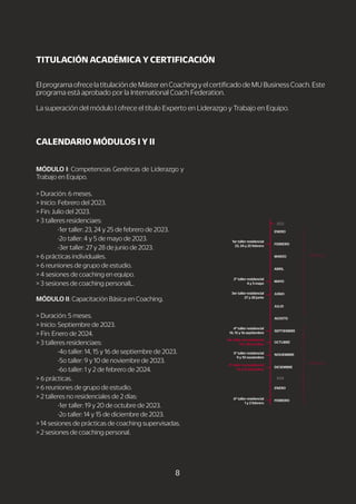 8
1er taller residencial
23, 24 y 25 febrero
2º taller residencial
4 y 5 mayo
3er taller residencial
27 y 28 junio
4º taller residencial
14, 15 y 16 septiembre
1er taller no residencial
19 y 20 octubre
5º taller residencial
9 y 10 noviembre
2º taller no residencial
14 y 15 diciembre
6º taller residencial
1 y 2 febrero
MODULO I
MODULO II
ENERO
FEBRERO
MARZO
ABRIL
MAYO
JUNIO
JULIO
AGOSTO
SEPTIEMBRE
OCTUBRE
NOVIEMBRE
DICIEMBRE
ENERO
FEBRERO
2023
2024
MÓDULO I: Competencias Genéricas de Liderazgo y
Trabajo en Equipo.
> Duración: 6 meses.
> Inicio: Febrero del 2023.
> Fin: Julio del 2023.
> 3 talleres residenciaes:
-1er taller: 23, 24 y 25 de febrero de 2023.
-2o taller: 4 y 5 de mayo de 2023.
-3er taller: 27 y 28 de junio de 2023.
> 6 prácticas individuales.
> 6 reuniones de grupo de estudio.
> 4 sesiones de coaching en equipo.
> 3 sesiones de coaching personalL.
MÓDULO II: Capacitación Básica en Coaching.
> Duración: 5 meses.
> Inicio: Septiembre de 2023.
> Fin: Enero de 2024.
> 3 talleres residenciaes:
-4o taller: 14, 15 y 16 de septiembre de 2023.
-5o taller: 9 y 10 de noviembre de 2023.
-6o taller: 1 y 2 de febrero de 2024.
> 6 prácticas.
> 6 reuniones de grupo de estudio.
> 2 talleres no residenciales de 2 días:
-1er taller: 19 y 20 de octubre de 2023.
-2o taller: 14 y 15 de diciembre de 2023.
> 14 sesiones de prácticas de coaching supervisadas.
> 2 sesiones de coaching personal.
ElprogramaofrecelatitulacióndeMásterenCoachingyelcertificadodeMUBusinessCoach.Este
programa está aprobado por la International Coach Federation.
La superación del módulo I ofrece el título Experto en Liderazgo y Trabajo en Equipo.
TITULACIÓN ACADÉMICA Y CERTIFICACIÓN
CALENDARIO MÓDULOS I Y II
 