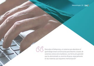 Descubre el Relearning, un sistema que abandona el
aprendizaje lineal convencional para llevarte a través de
sistemas cíclicos de enseñanza: una forma de aprender
que ha demostrado su enorme eficacia, especialmente
en las materias que requieren memorización”
Metodología | 33
 
