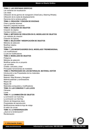 Máster en Diseño Gráfico


TEMA 2. LAS VENTANAS GRÁFICAS
Las ventanas de visualización
Las vistas
Utilización de los gizmos de navegación (ViewCube y Steering Wheels)
Utilización de la rueda de desplazamiento
Opciones de la ventana gráfica
TEMA 3. CREACIÓN Y EDICIÓN DE ESCENAS
Crear y guardar escenas
Importar y exportar escenas
TEMA 4. CREACIÓN DE OBJETOS
Creación de objetos
Cambiar nombre y color
TEMA 5. MÉTODOS DE CREACIÓN EN EL MODELADO DE OBJETOS
Los métodos de creación
Creación de Splines
TEMA 6. SELECCIÓN Y MODIFICACIÓN DE OBJETOS
Métodos de selección
Modificar objetos
Segmentos
TEMA 7. LOS MODIFICADORES EN EL MODELADO TRIDIMENSIONAL
Los modificadores
La pila de modificadores
TEMA 8. MODELADO DE OBJETOS
Polígonos
Métodos de selección
Modificar partes de un proyecto
Las normales
Chaflán, extrudido y bisel
Principales herramientas de modelado
TEMA 9. PROPIEDADES DE LOS MATERIALES. MATERIAL EDITOR
Introducción a las Propiedades de los materiales
Material editor
Material / Map Browser y Navigator
Material estándar y sombreadores
Mapas 2D
Mapas 3D
Materiales compuestos y modificadores
TEMA 10. LAS CÁMARAS Y LAS LUCES
Cámaras
Luces
TEMA 11. LA ANIMACIÓN DE OBJETOS
La animación con Auto Key
La animación con Set Key
Edición de fotogramas clave
Propiedades de reproducción
Modificaciones desde la hoja de rodaje
El editor de curvas
TEMA 12. LA RENDERIZACIÓN
¿Qué es la renderización?
Renderización




  www.euroinnova.es                  Información y matrículas: 958 050 200   Fax: 958 050 244
 