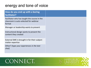 energy and tone of voice
How do you end up with a boring
facilitator?
Facilitator who has taught the course in the
classroom is auto-selected for webinar
format
Manager or leadership wants to present

Instructional design wants to present the
content they created

External SME is brought in for their subject
matter expertise
Other? (type your experiences in the text
chat)
 