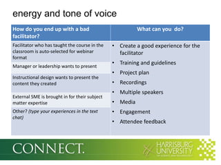 energy and tone of voice
How do you end up with a bad                             What can you do?
facilitator?
Facilitator who has taught the course in the   • Create a good experience for the
classroom is auto-selected for webinar           facilitator
format
                                               • Training and guidelines
Manager or leadership wants to present
                                               • Project plan
Instructional design wants to present the
content they created                           • Recordings
                                               • Multiple speakers
External SME is brought in for their subject
matter expertise                               • Media
Other? (type your experiences in the text      • Engagement
chat)
                                               • Attendee feedback
 