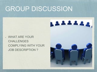 WHAT ARE YOUR
CHALLENGES
COMPLYING WITH YOUR
JOB DESCRIPTION ?
 