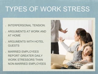 INTERPERSONAL TENSION:
ARGUMENTS AT WORK AND
AT HOME
ARGUMENTS WITH HOTEL
GUESTS
MARRIED EMPLOYEES
REPORT GREATER DAILY
WORK STRESSORS THAN
NON-MARRIED EMPLOYEES
 