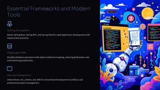 preencoded.png
Essential Frameworks and Modern
Tools
Spring Ecosystem
Master Spring Boot, Spring MVC, and Spring Data for rapid application development with
industry best practices.
Hibernate ORM
Simplify database operations with object-relational mapping, reducing boilerplate code
and improving productivity.
DevOps Integration
Utilise Maven, Git, Jenkins, and JIRA for streamlined development workflows and
professional project management.
 