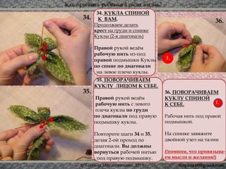 Как призвать ребёнка в свою жизнь?
© Татьяна Масленникова, 2015
34. КУКЛА СПИНОЙ
К ВАМ.
Продолжаем делать
крест на груди и спинке
Куклы (2-я диагональ)
Правой рукой ведём
рабочую нить из-под
правой подмышки Куклы
по спине по диагонали
на левое плечо куклы.
35. ПОВОРАЧИВАЕМ
КУКЛУ ЛИЦОМ К СЕБЕ.
Правой рукой ведём
рабочую нить с левого
плеча куклы по груди
по диагонали под правую
подмышку куклы.
Повторите шаги 34 и 35,
делая 2-ой проход по
диагонали. Вы должны
вернуться рабочей нитью
под правую подмышку.
36. ПОВОРАЧИВАЕМ
КУКЛУ СПИНОЙ
К СЕБЕ.
Рабочая нить под правой
подмышкой.
На спинке завяжите
двойной узел на талии
(!помним, что привязыва-
ем мысли и желания!)
34.
36.
35.
1.
1.
tetyana.ttt@gmail.com
 
