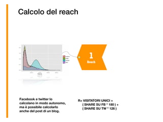 Calcolo del reach
Facebook e twitter lo
calcolano in modo autonomo,
ma è possibile calcolarlo
anche del post di un blog.
R= VISITATORI UNICI +
( SHARE SU FB * 180 ) +
( SHARE SU TW * 126 )
Reach
1
 