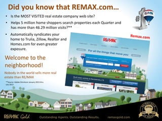 Did you know that REMAX.com…
• Is the MOST VISITED real estate company web site?
• Automatically syndicates your
home to Trulia, Zillow, Realtor and
Homes.com for even greater
exposure.
Welcome to the
neighborhood!
• Helps 5 million home shoppers search properties each Quarter and
has more than 46.29 million visits?**
Nobody in the world sells more real
estate than RE/MAX
**Source: Adobe Omniture January 2013 thru
July 2013
 