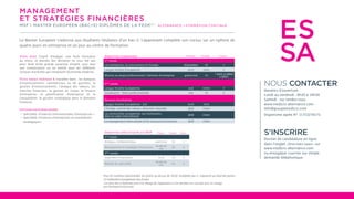 Horaires d’ouverture
Lundi au vendredi : 8h30 à 18h30
Samedi : sur rendez-vous
www.medicis-alternance.com
info@groupemedicis.com
Organisme agrée N° 11753278175
NOUS CONTACTER
Dossier de candidature en ligne
dans l’onglet «Inscrivez-vous» sur
www.medicis-alternance.com
ou envoyépar courrier sur simple
demande téléphonique.
S’INSCRIRE
MANAGEMENT
ET STRATÉGIES FINANCIÈRES
MSF | MASTER EUROPÉEN (BAC+5) DIPLÔMES DE LA FEDE(1)
ALTERNANCE • FORMATION CONTINUE
Le Master Européen s’adresse aux étudiants titulaires d’un bac+3. L’apprenant complète son cursus sur un rythme de
quatre jours en entreprise et un jour au centre de formation.
épreuves communes Forme Durée. Coeff.
1ère
année
Les entreprises, la concurrence et l’Europe dissertation 4h 4
Langue Vivante Européenne écrit 1h45 2
Mission au projet professionnel / mémoire d’entreprise grand oral 1h 7 (MSE et MRH)
4 (MSF)
2ème
année
Langue Vivante Européenne oral 45mn 2
Soutenance : thèse professionnelle oral 1h 6
Épreuves facultatives
Langue Vivante Européenne - LV2 écrit 1h45
L’Europe, unicité des valeurs, diversité culturelle QCM 45mn
La construction européenne, ses institutions
dans le cadre international QCM 45mn
Le management interculturel et les ressources humaines QCM 45mn
Vous avez l’esprit d’analyse, une forte résistance
au stress, et prendre des décisions ne vous fait pas
peur. Doté d’une grande ouverture d’esprit, vous avez
une connaissance ou un intérêt pour les différents
secteurs d’activités qui composent l’économie moderne.
Vous serez préparé à travailler dans : les banques
d’investissements commerciaux ou de guichets, la
gestion d’investissements, l’analyse des valeurs, les
marchés financiers, la gestion du risque, la finance
d’entreprise, la planification d’entreprise et la
consultation, la gestion stratégique dans le domaine
financier.
Options deuxième année
• Spécialité «Finances internationales d’entreprises »
• Spécialité «Finances d’entreprises et orientations
stratégiques»
Pour les matières optionnelles, les points au dessus de 10/20, multipliés par 2, s’ajoutent au total des points.
(1) Fédération Européenne Des Écoles
Les frais liés à l’examen sont à la charge de l’apprenant si ces derniers ne sont pas pris en charge
par l’entreprise d’accueil.
épreuves spécifiques au MSF Forme Durée Coeff.
1ère
année
Analyses fondamentales exercices 3h 5
Management et stratégies financières étude de
cas 3h 5
2ème
année
Ingénierie financières écrit 2h 6
Module de spécialité étude de
cas 4h 6
 