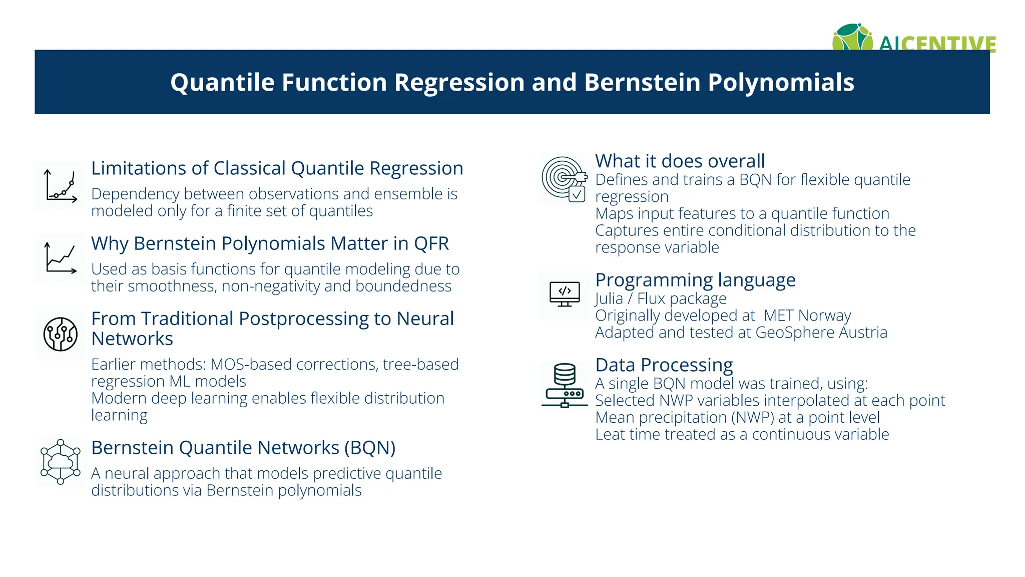Quantile Function Regression and Bernstein Polynomials
Limitations of Classical Quantile Regression
Dependency between observations and ensemble is
modeled only for a ﬁnite set of quantiles
Why Bernstein Polynomials Matter in QFR
Used as basis functions for quantile modeling due to
their smoothness, non-negativity and boundedness
From Traditional Postprocessing to Neural
Networks
Earlier methods: MOS-based corrections, tree-based
regression ML models
Modern deep learning enables ﬂexible distribution
learning
Bernstein Quantile Networks (BQN)
A neural approach that models predictive quantile
distributions via Bernstein polynomials
What it does overall
Deﬁnes and trains a BQN for ﬂexible quantile
regression
Maps input features to a quantile function
Captures entire conditional distribution to the
response variable
Programming language
Julia / Flux package
Originally developed at MET Norway
Adapted and tested at GeoSphere Austria
Data Processing
• A single BQN model was trained, using:
Selected NWP variables interpolated at each point
Mean precipitation (NWP) at a point level
Leat time treated as a continuous variable
 