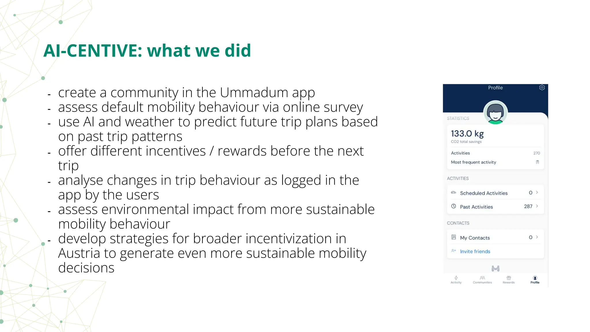 - create a community in the Ummadum app
- assess default mobility behaviour via online survey
- use AI and weather to predict future trip plans based
on past trip patterns
- oﬀer diﬀerent incentives / rewards before the next
trip
- analyse changes in trip behaviour as logged in the
app by the users
- assess environmental impact from more sustainable
mobility behaviour
- develop strategies for broader incentivization in
Austria to generate even more sustainable mobility
decisions
AI-CENTIVE: what we did
 