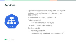 Copyright © SUSE 2021
⚫ Exposes an application running on a set of pods
⚫ Reliable, static reference for objects such as
deployments
⚫ Has its own IP address / DNS record
⚫ Pods are mortal
⚫ They have their own life-cycle
⚫ Don’t address them directly
⚫ Services can be
⚫ Internal (ClusterIP)
⚫ External facing (NodePort & Loadbalancer)
Services
 