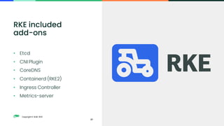 Copyright © SUSE 2021
RKE included
add-ons
• Etcd
• CNI Plugin
• CoreDNS
• Containerd (RKE2)
• Ingress Controller
• Metrics-server
37
 