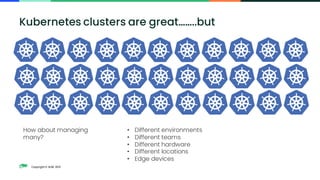Copyright © SUSE 2021
Kubernetes clusters are great……..but
How about managing
many?
• Different environments
• Different teams
• Different hardware
• Different locations
• Edge devices
 