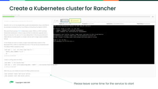 Copyright © SUSE 2021
Create a Kubernetes cluster for Rancher
Please leave some time for the service to start
 