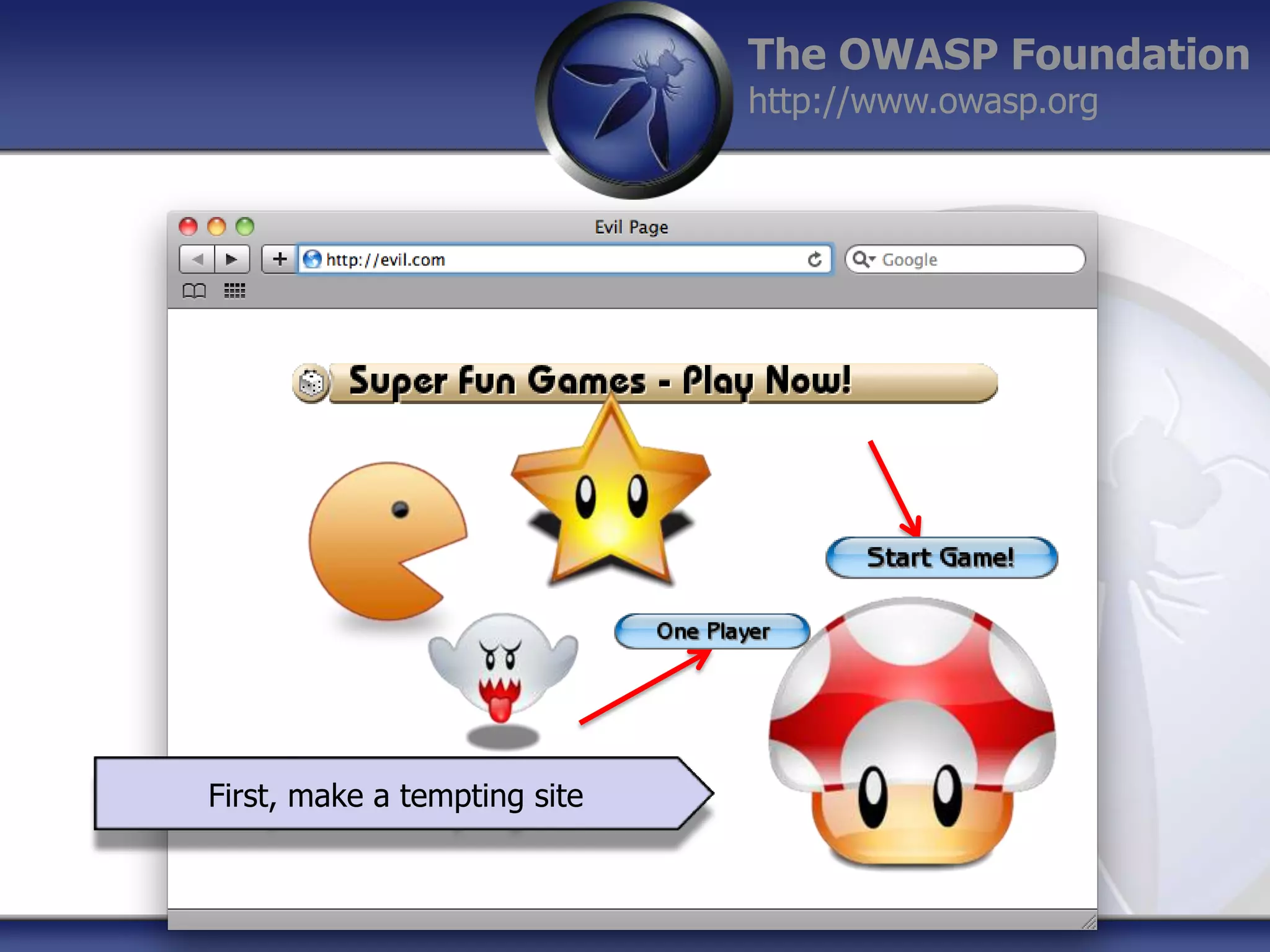 The OWASP Foundation
http://www.owasp.org

First, make a tempting site

 
