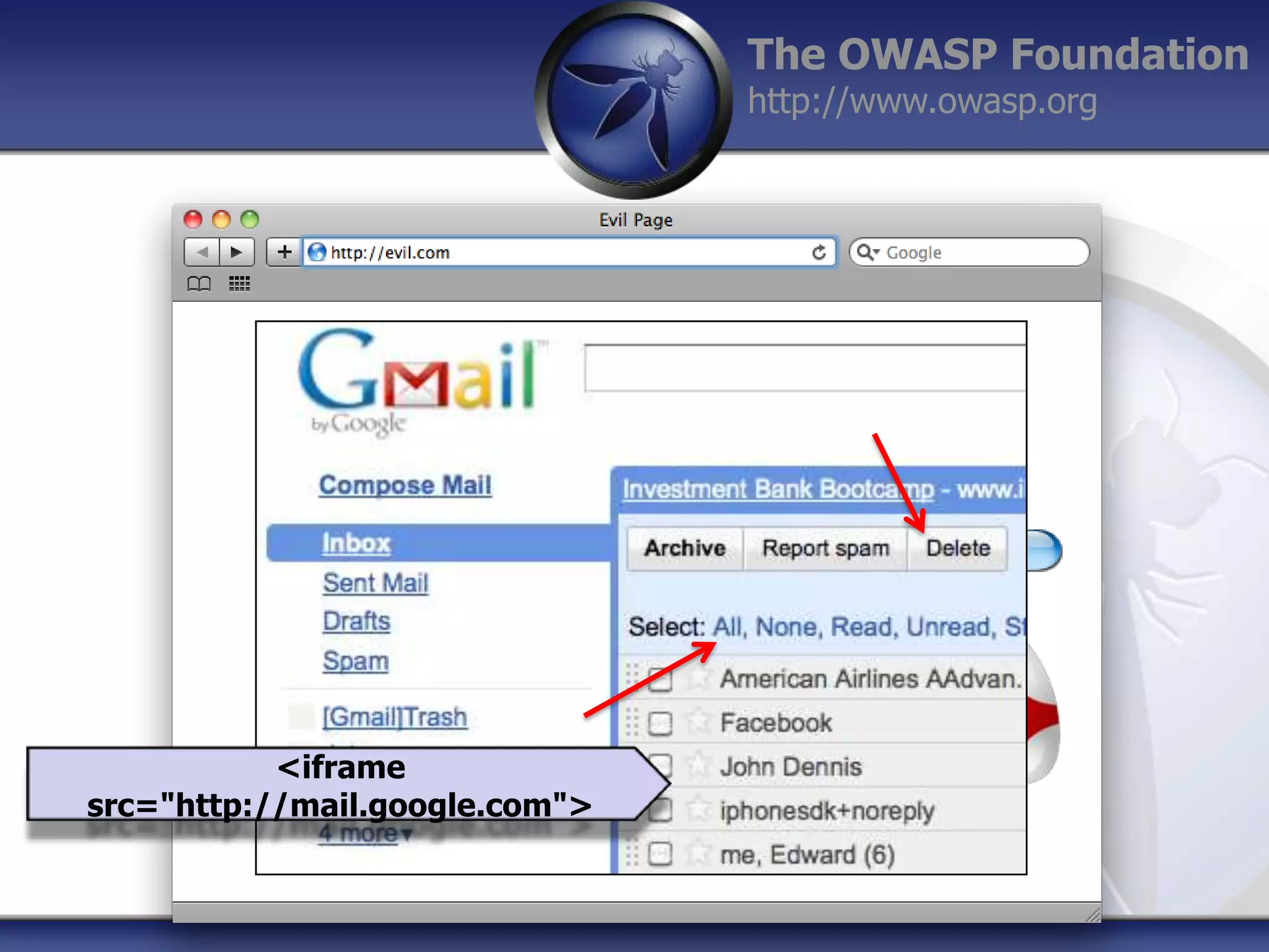 The OWASP Foundation
http://www.owasp.org

<iframe
src="http://mail.google.com">

 