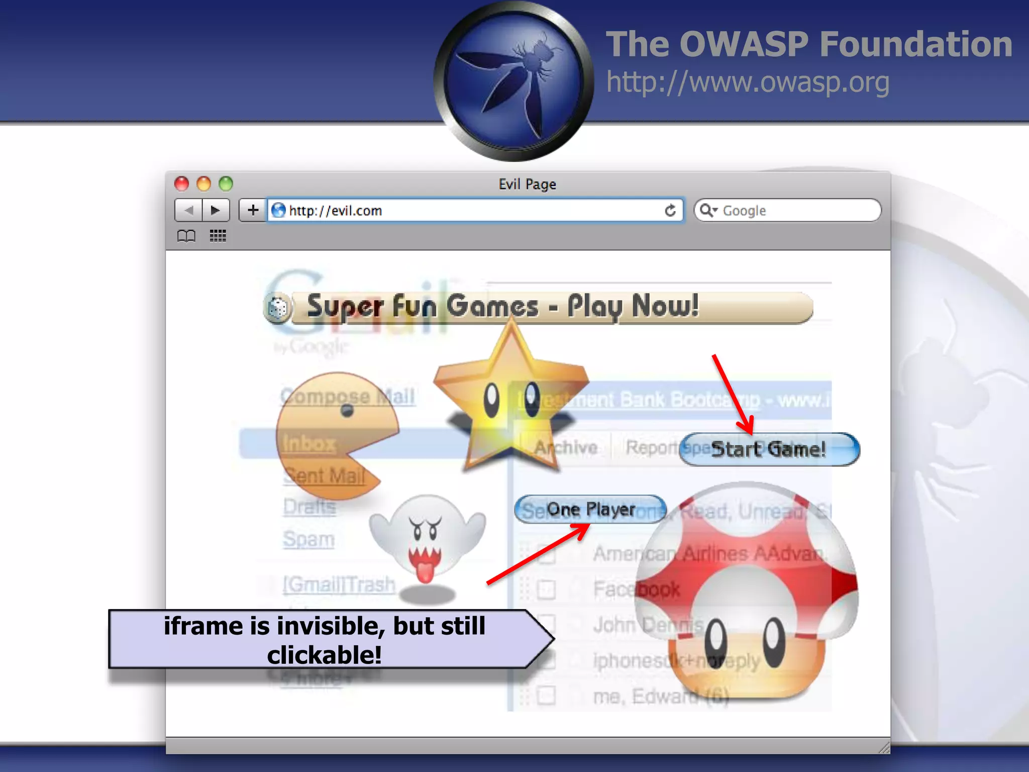 The OWASP Foundation
http://www.owasp.org

iframe is invisible, but still
clickable!

 