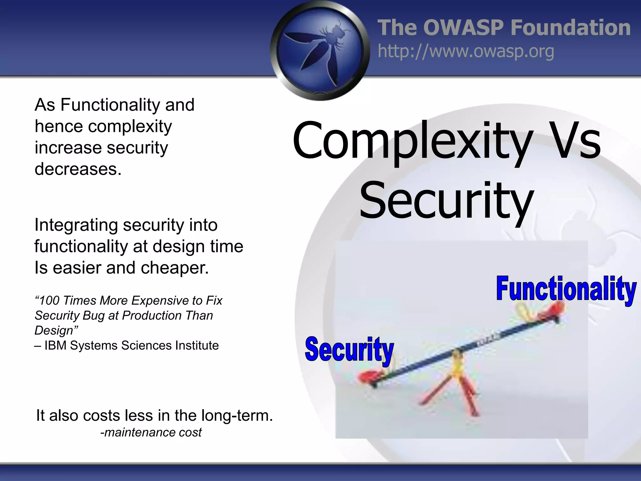 The OWASP Foundation
http://www.owasp.org
As Functionality and
hence complexity
increase security
decreases.
Integrating security into
functionality at design time
Is easier and cheaper.
“100 Times More Expensive to Fix
Security Bug at Production Than
Design”
– IBM Systems Sciences Institute

It also costs less in the long-term.
-maintenance cost

Complexity Vs
Security

 