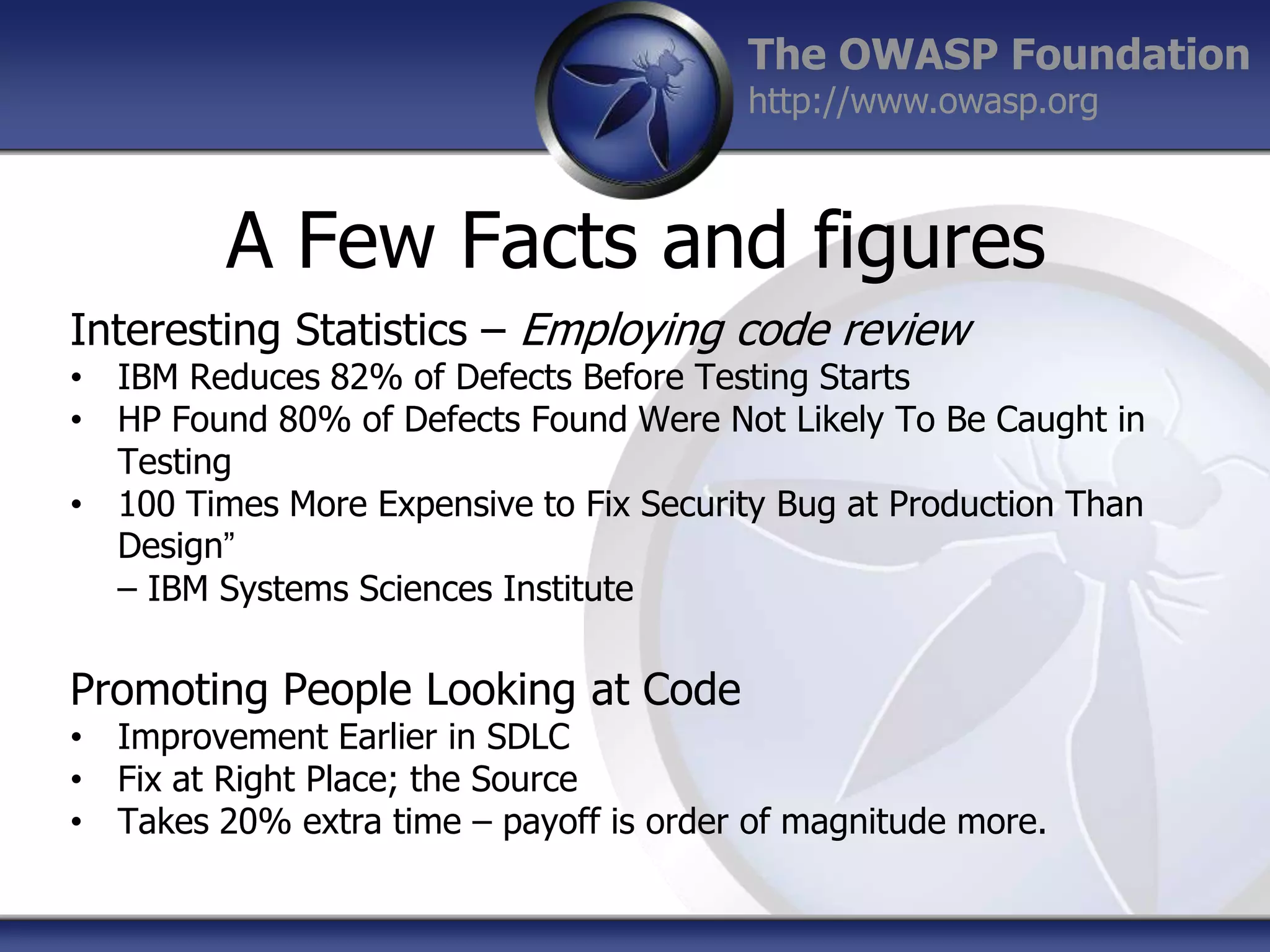 The OWASP Foundation
http://www.owasp.org

A Few Facts and figures
Interesting Statistics – Employing code review

• IBM Reduces 82% of Defects Before Testing Starts
• HP Found 80% of Defects Found Were Not Likely To Be Caught in
Testing
• 100 Times More Expensive to Fix Security Bug at Production Than
Design”
– IBM Systems Sciences Institute

Promoting People Looking at Code

• Improvement Earlier in SDLC
• Fix at Right Place; the Source
• Takes 20% extra time – payoff is order of magnitude more.

 
