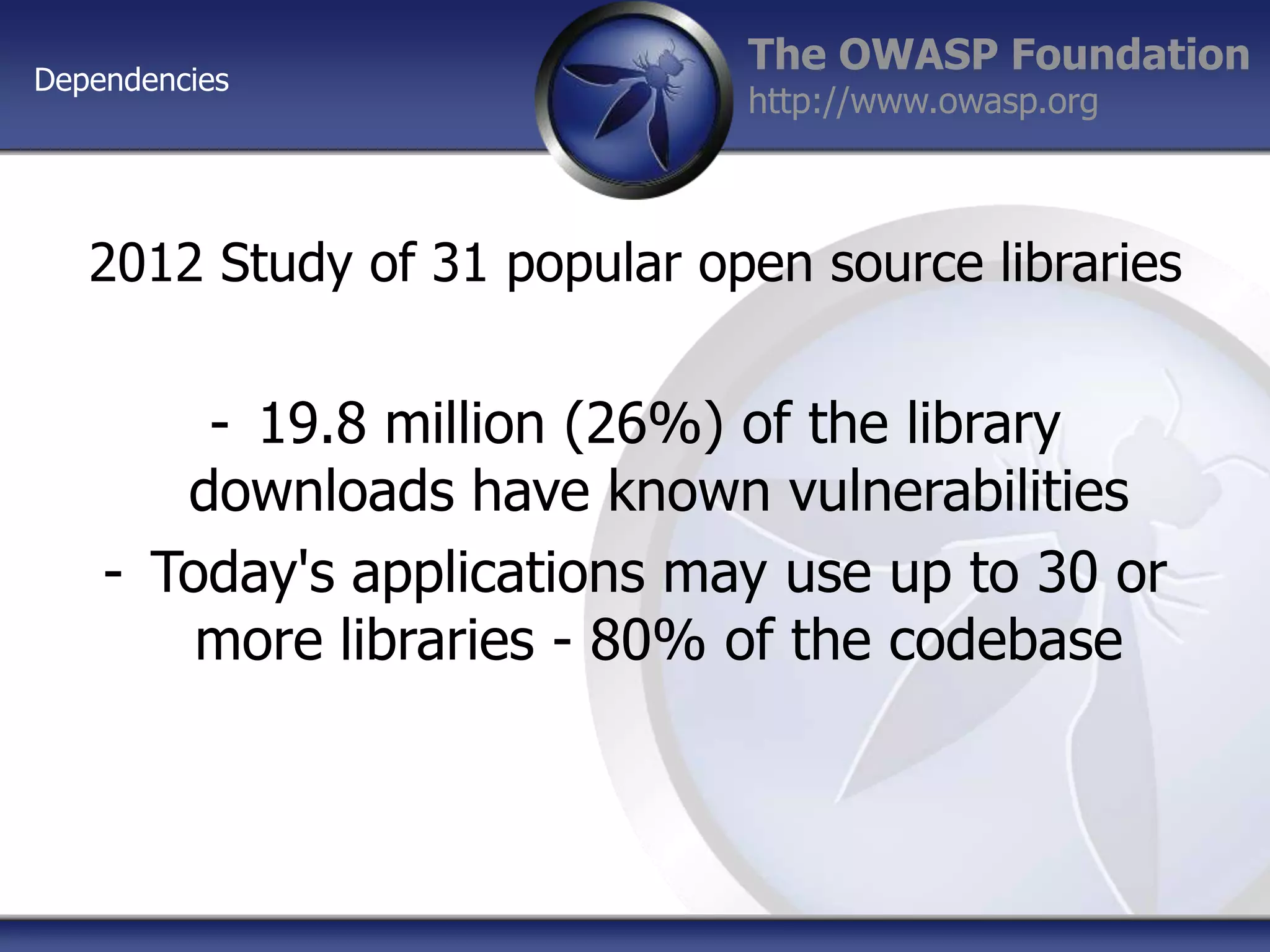Dependencies

The OWASP Foundation
http://www.owasp.org

2012 Study of 31 popular open source libraries

- 19.8 million (26%) of the library
downloads have known vulnerabilities
- Today's applications may use up to 30 or
more libraries - 80% of the codebase

 